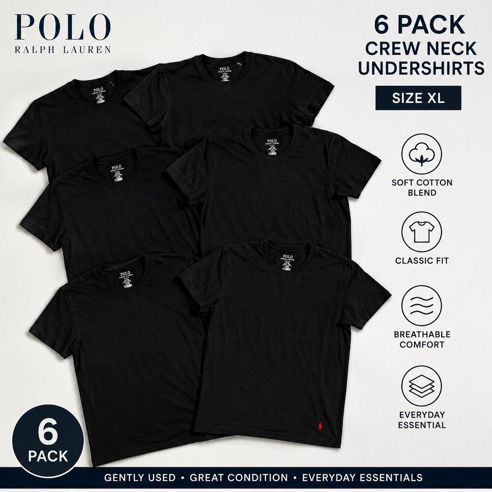 Polo Ralph Lauren 6 Pack Black Crew Neck Undershirts XL Casual Shirt Lot